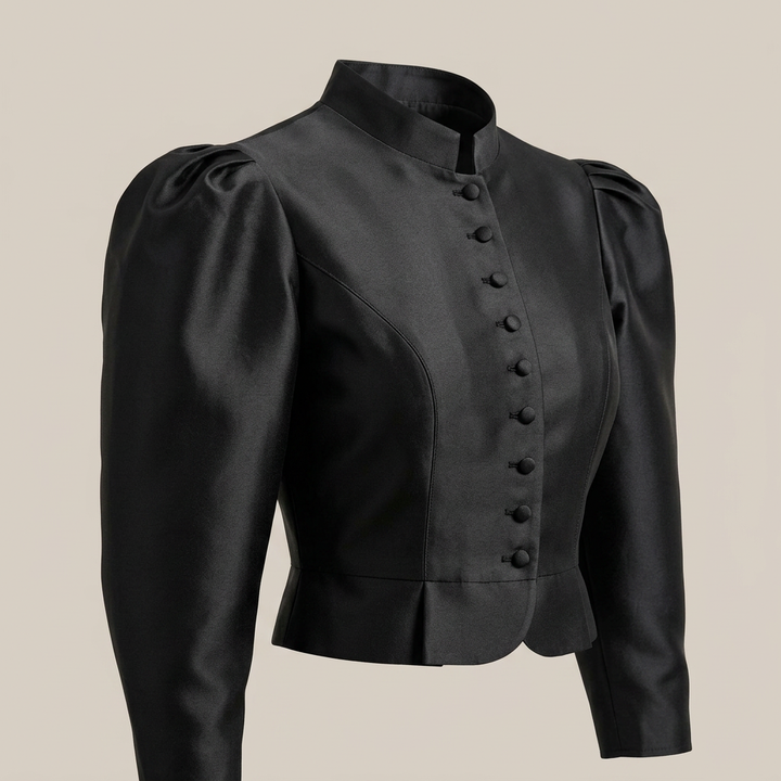 Stand Collar Puff Sleeve Cropped Blouse for Meetings Ready and Vintage Executive Style Women-Vyana Collective