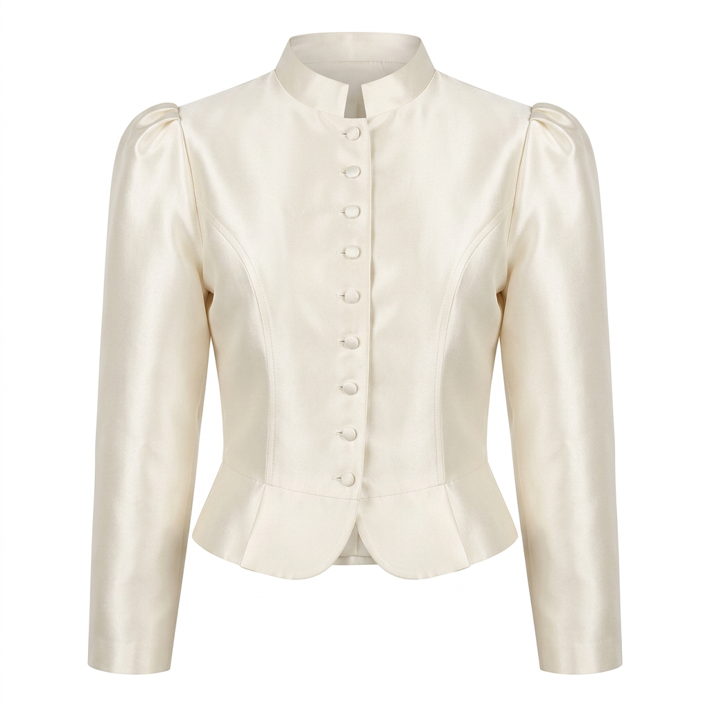 Stand Collar Puff Sleeve Cropped Blouse for Meetings Ready and Vintage Executive Style Women-Vyana Collective