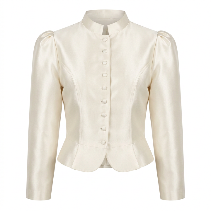 Stand Collar Puff Sleeve Cropped Blouse for Meetings Ready and Vintage Executive Style Women-Vyana Collective