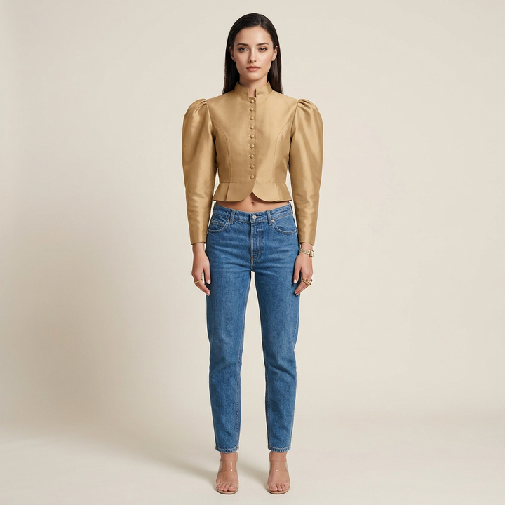 Stand Collar Puff Sleeve Cropped Blouse for Meetings Ready and Vintage Executive Style Women-Vyana Collective