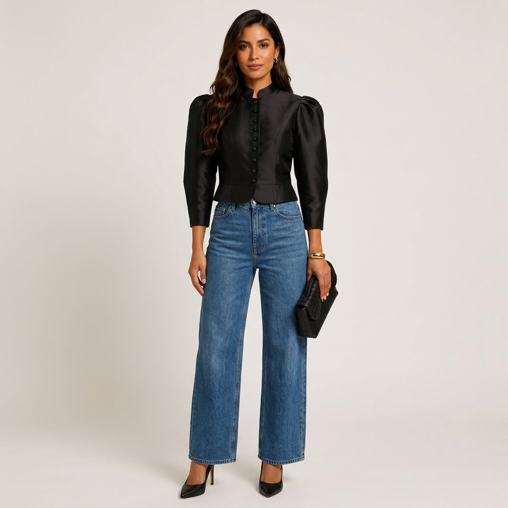 Stand Collar Puff Sleeve Cropped Blouse for Meetings Ready and Vintage Executive Style Women-Vyana Collective