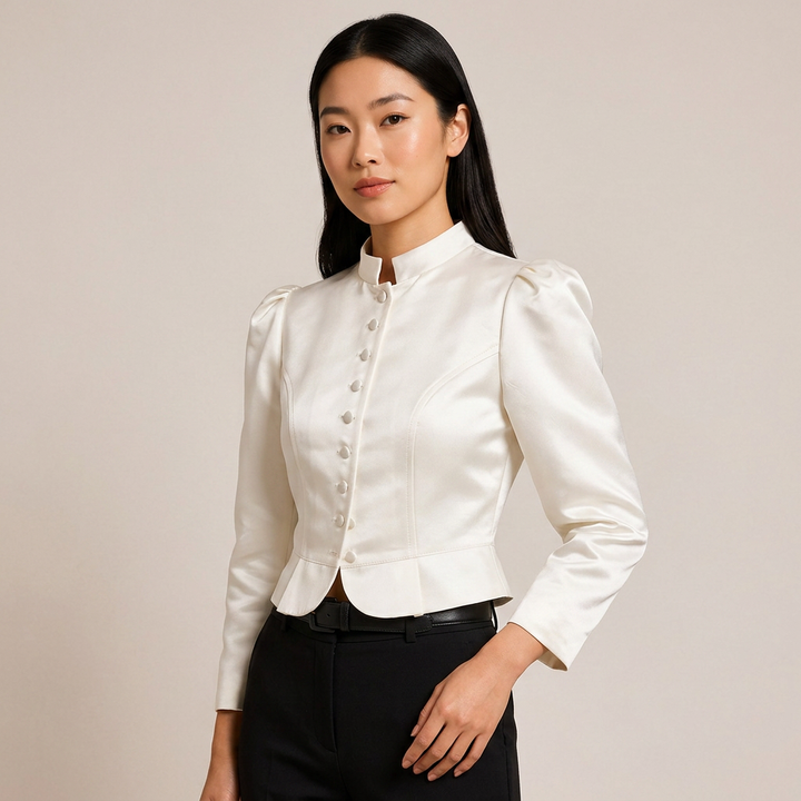 Stand Collar Puff Sleeve Cropped Blouse for Meetings Ready and Vintage Executive Style Women-Vyana Collective