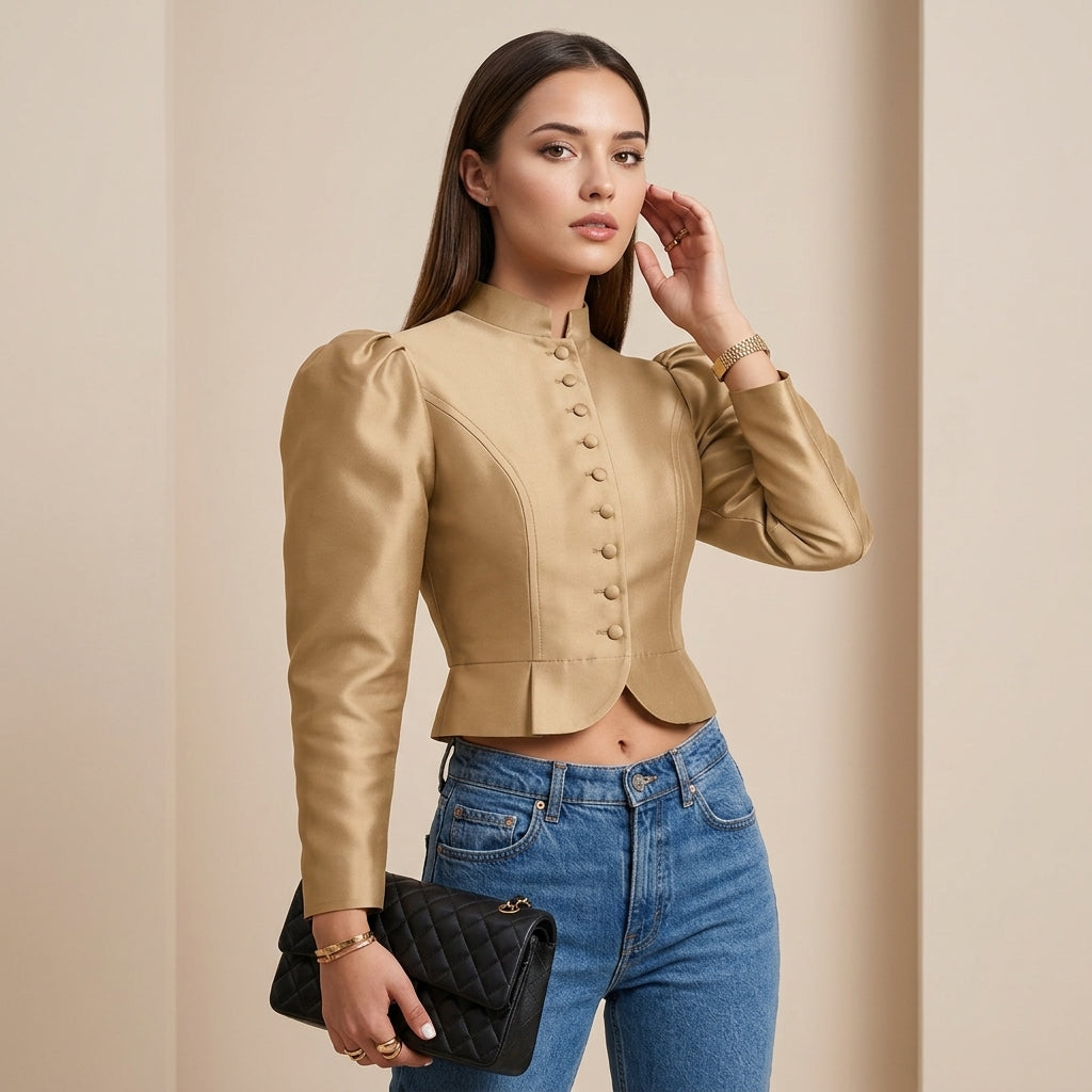 Stand Collar Puff Sleeve Cropped Blouse for Meetings Ready and Vintage Executive Style Women-Vyana Collective