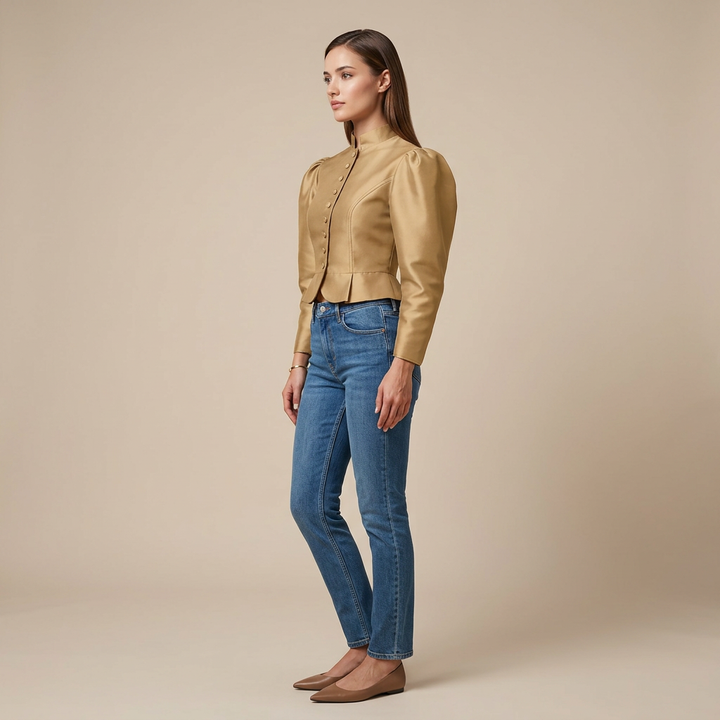 Stand Collar Puff Sleeve Cropped Blouse for Meetings Ready and Vintage Executive Style Women-Vyana Collective