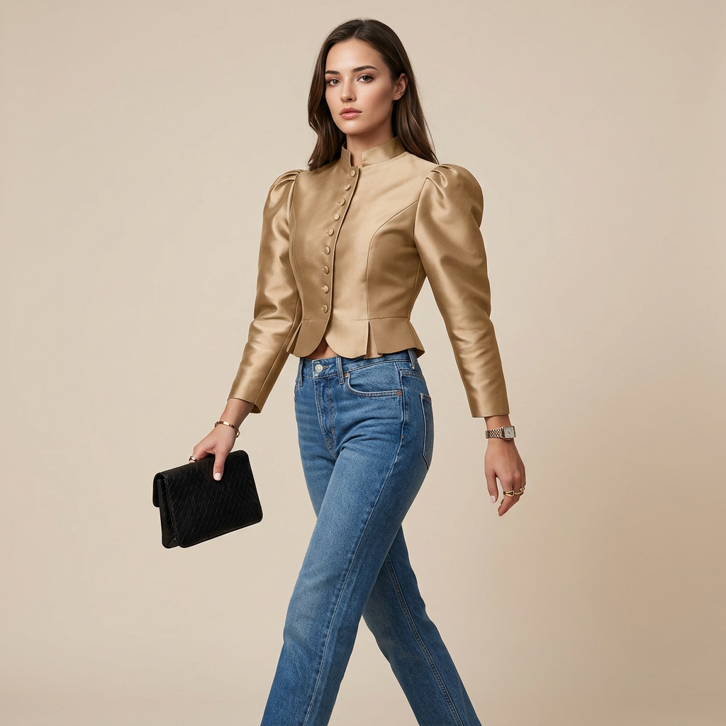 Stand Collar Puff Sleeve Cropped Blouse for Meetings Ready and Vintage Executive Style Women-Vyana Collective