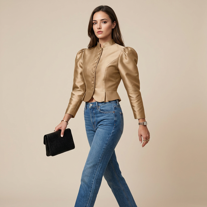 Stand Collar Puff Sleeve Cropped Blouse for Meetings Ready and Vintage Executive Style Women-Vyana Collective