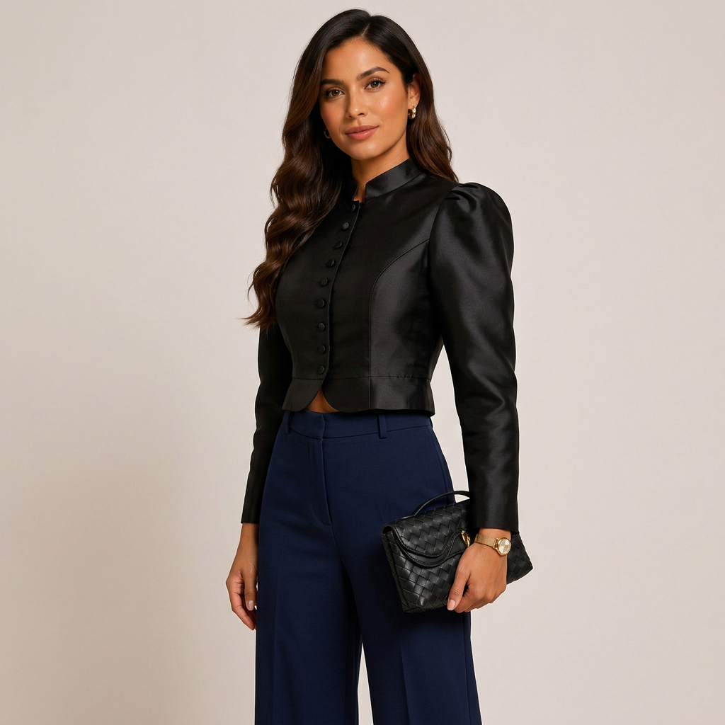 Stand Collar Puff Sleeve Cropped Blouse for Meetings Ready and Vintage Executive Style Women-Vyana Collective
