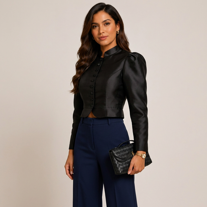 Stand Collar Puff Sleeve Cropped Blouse for Meetings Ready and Vintage Executive Style Women-Vyana Collective