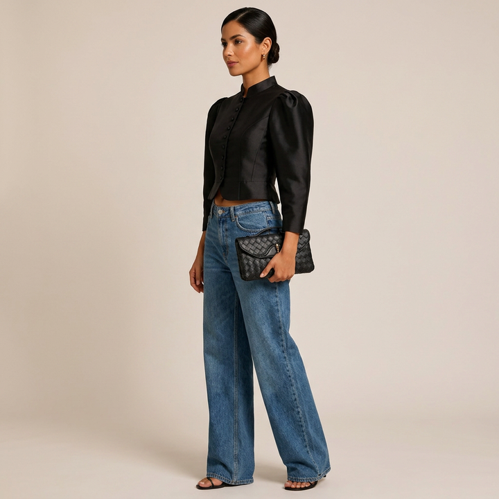 Stand Collar Puff Sleeve Cropped Blouse for Meetings Ready and Vintage Executive Style Women-Vyana Collective