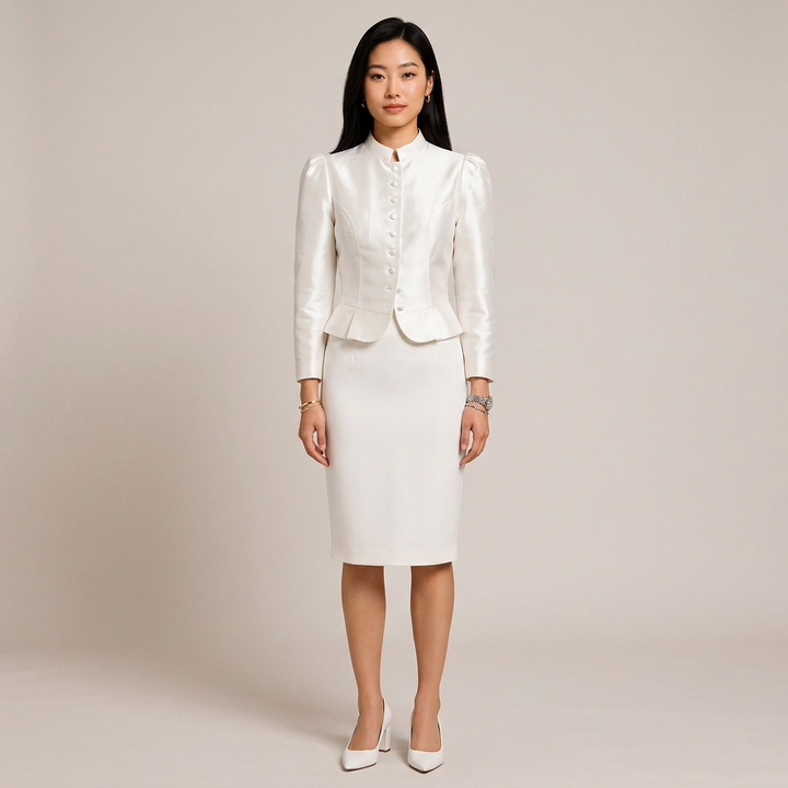 Stand Collar Puff Sleeve Cropped Blouse for Meetings Ready and Vintage Executive Style Women-Vyana Collective