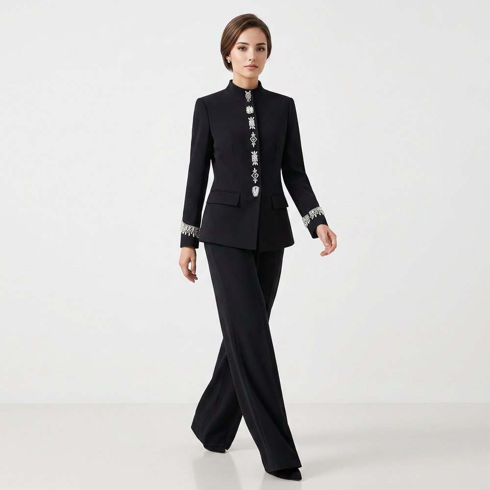Stand Collar Rhinestone Embellished Blazer and Wide Leg Pants Set for Meetings Ready and Executive Elegance Women-Vyana Collective
