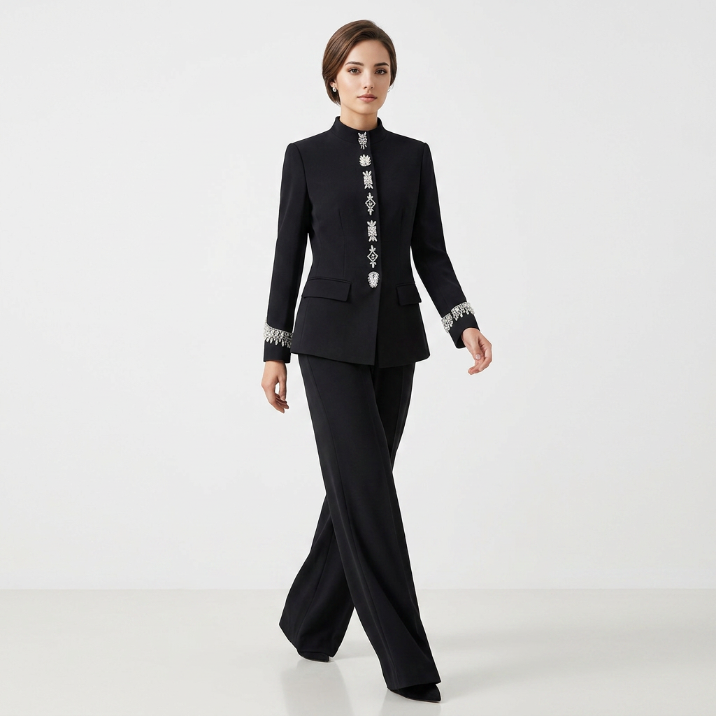 Stand Collar Rhinestone Embellished Blazer and Wide Leg Pants Set for Meetings Ready and Executive Elegance Women-Vyana Collective