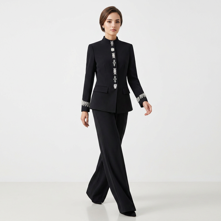 Stand Collar Rhinestone Embellished Blazer and Wide Leg Pants Set for Meetings Ready and Executive Elegance Women-Vyana Collective
