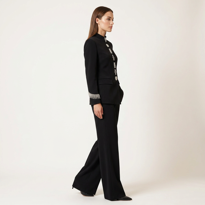 Stand Collar Rhinestone Embellished Blazer and Wide Leg Pants Set for Meetings Ready and Executive Elegance Women-Vyana Collective