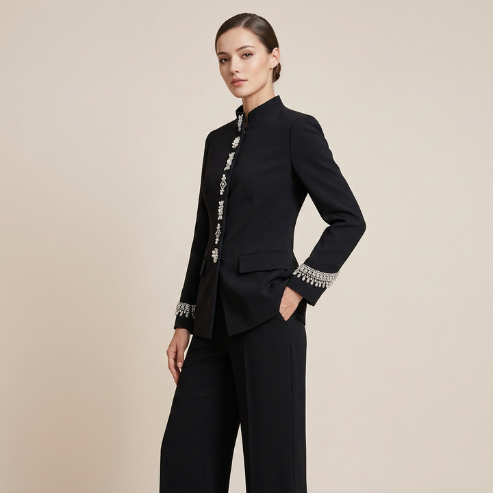 Stand Collar Rhinestone Embellished Blazer and Wide Leg Pants Set for Meetings Ready and Executive Elegance Women-Vyana Collective