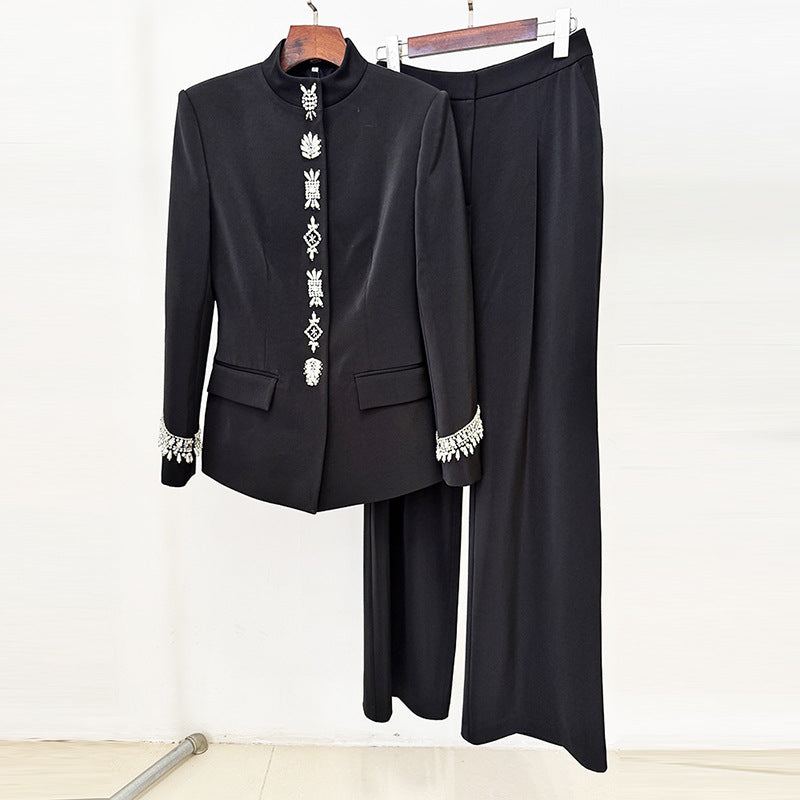 Stand Collar Rhinestone Embellished Blazer and Wide Leg Pants Set for Meetings Ready and Executive Elegance Women-Vyana Collective