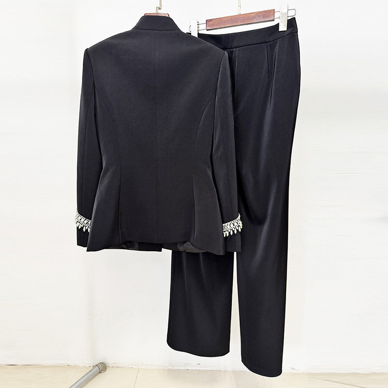 Stand Collar Rhinestone Embellished Blazer and Wide Leg Pants Set for Meetings Ready and Executive Elegance Women-Vyana Collective
