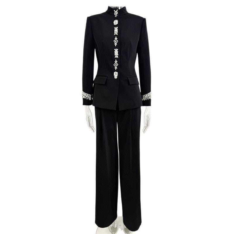 Stand Collar Rhinestone Embellished Blazer and Wide Leg Pants Set for Meetings Ready and Executive Elegance Women-Vyana Collective