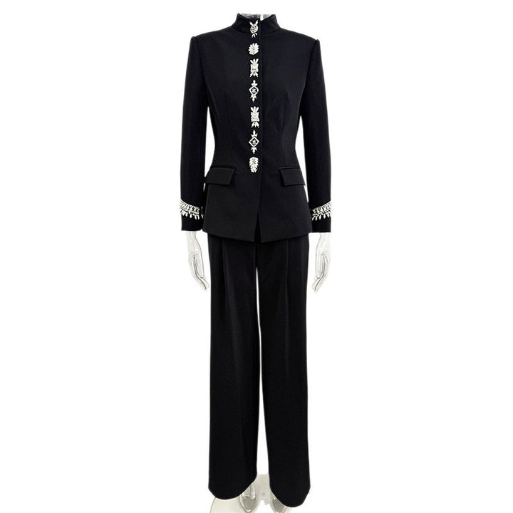 Stand Collar Rhinestone Embellished Blazer and Wide Leg Pants Set for Meetings Ready and Executive Elegance Women-Vyana Collective