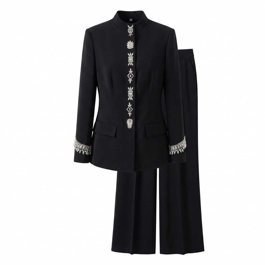 Stand Collar Rhinestone Embellished Blazer and Wide Leg Pants Set for Meetings Ready and Executive Elegance Women-Vyana Collective