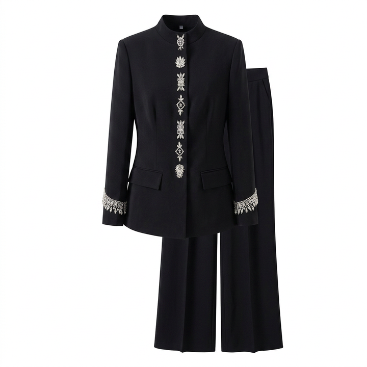 Stand Collar Rhinestone Embellished Blazer and Wide Leg Pants Set for Meetings Ready and Executive Elegance Women-Vyana Collective