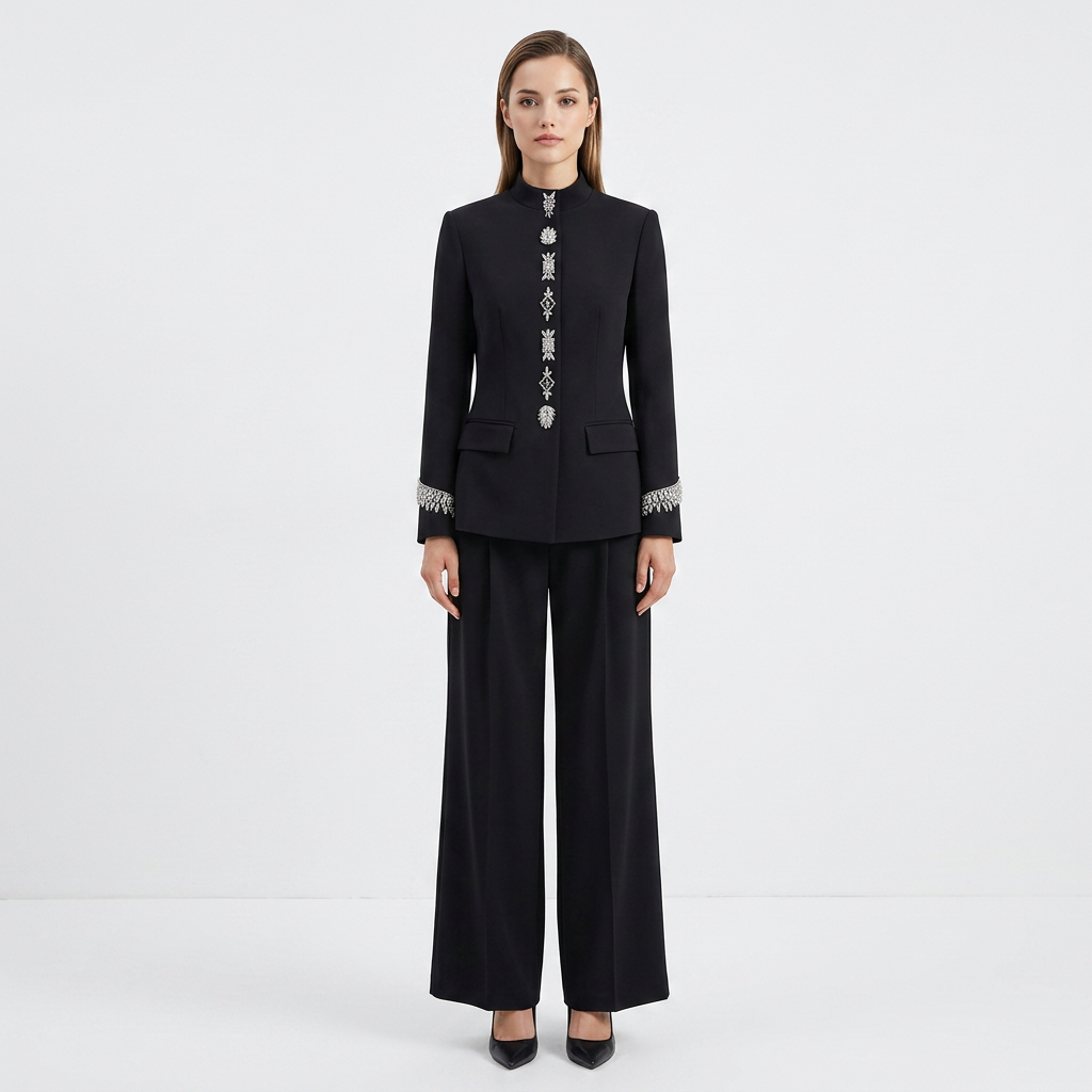 Stand Collar Rhinestone Embellished Blazer and Wide Leg Pants Set for Meetings Ready and Executive Elegance Women-Vyana Collective