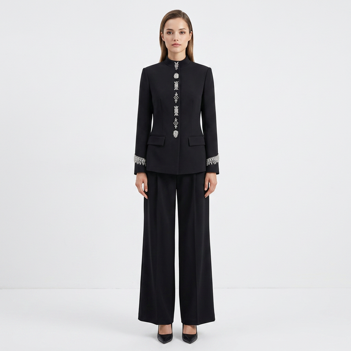 Stand Collar Rhinestone Embellished Blazer and Wide Leg Pants Set for Meetings Ready and Executive Elegance Women-Vyana Collective