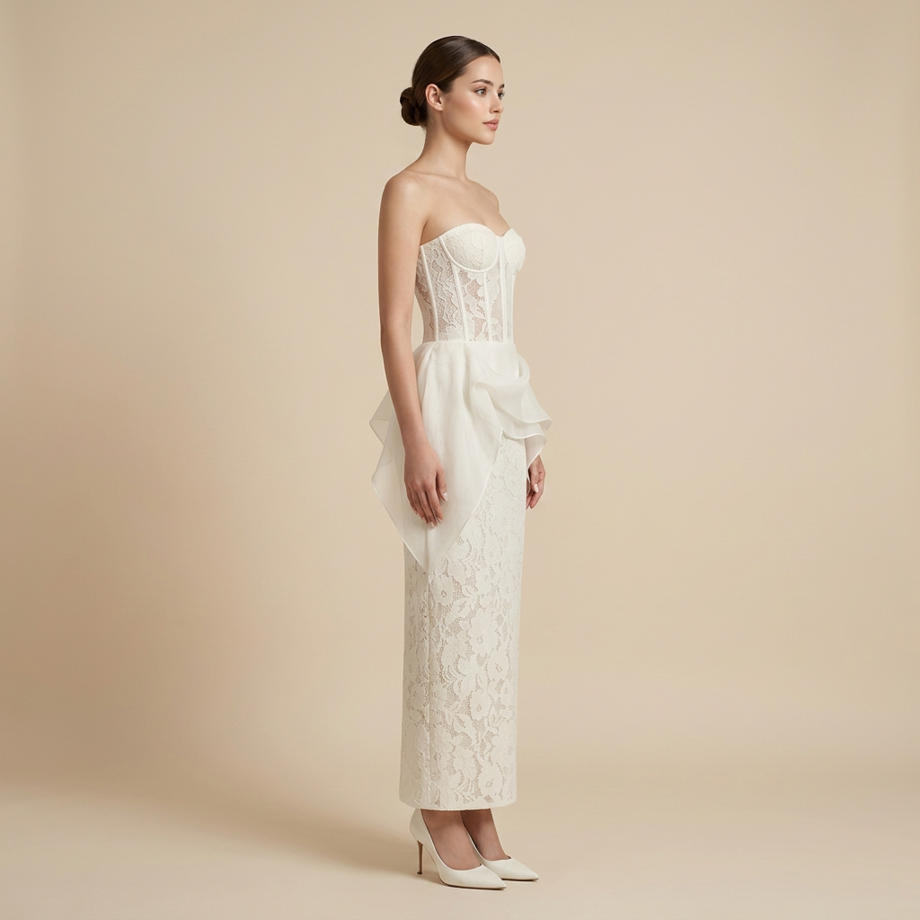 Strapless Corset Floral Lace Midi Dress with Ruffled Overlay-Vyana Collective