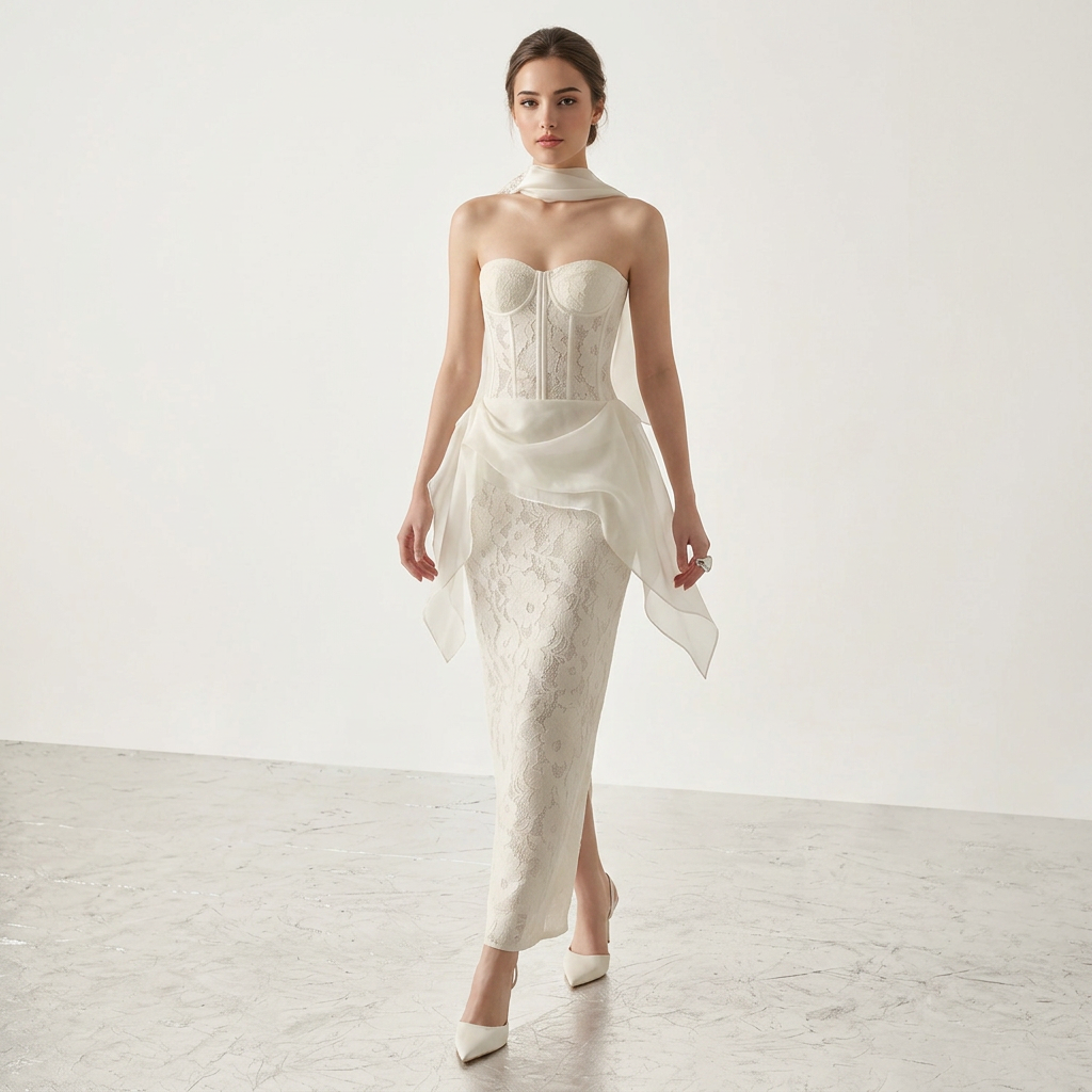 Strapless Corset Floral Lace Midi Dress with Ruffled Overlay-Vyana Collective