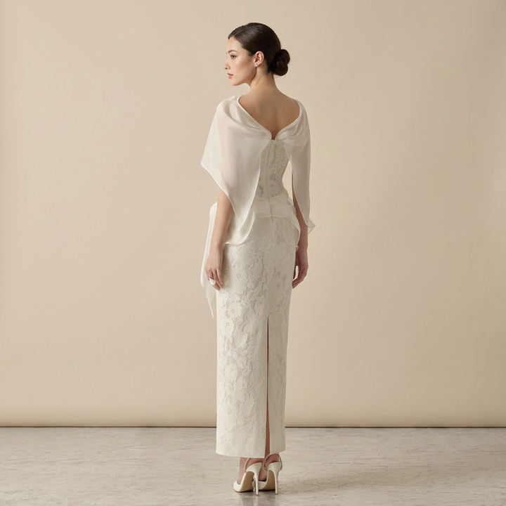 Strapless Corset Floral Lace Midi Dress with Ruffled Overlay-Vyana Collective