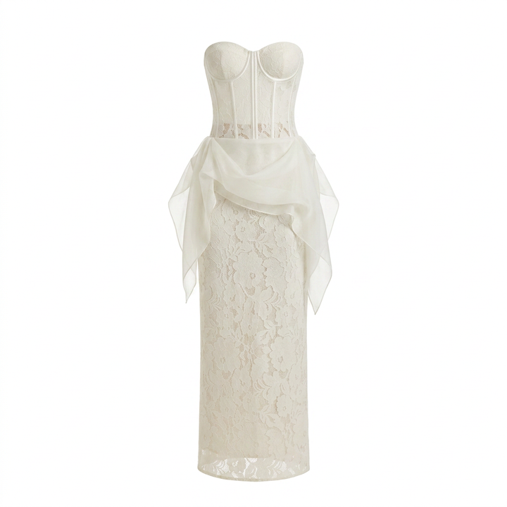 Strapless Corset Floral Lace Midi Dress with Ruffled Overlay-Vyana Collective