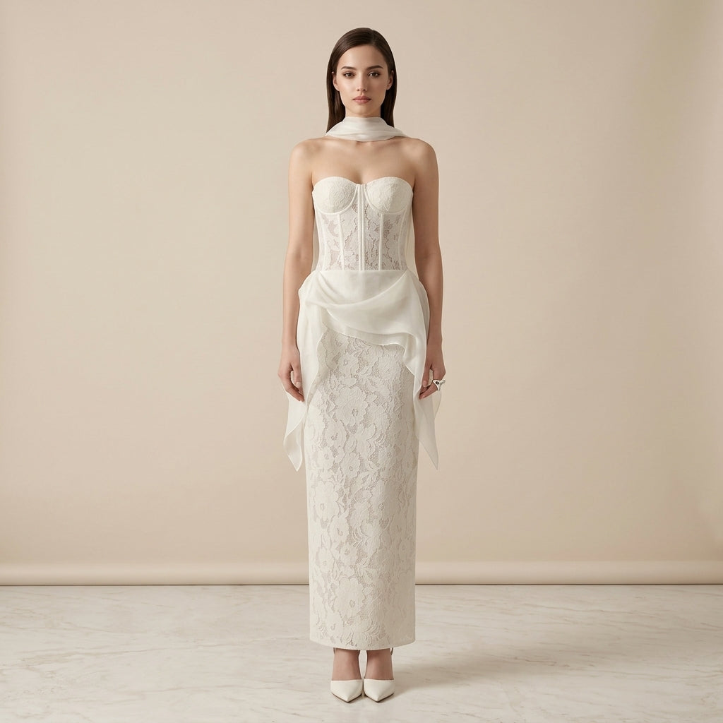 Strapless Corset Floral Lace Midi Dress with Ruffled Overlay-Vyana Collective