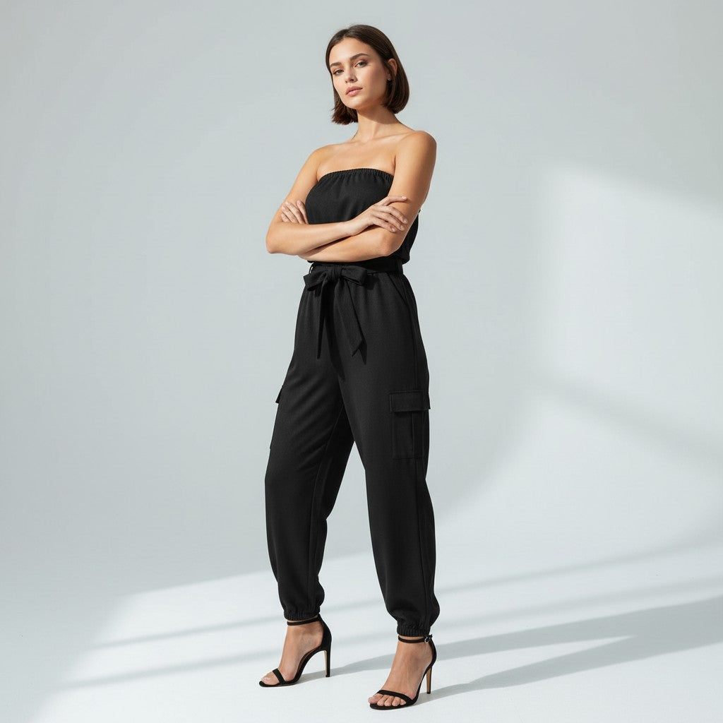 Strapless Denim-Style Utility Jumpsuit with Printed Casual Pants-Vyana Collective