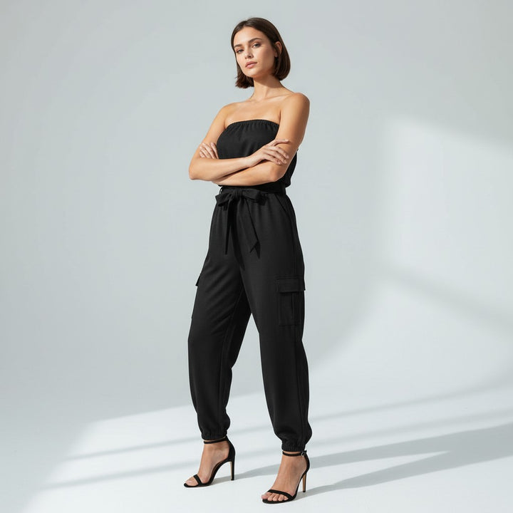 Strapless Denim-Style Utility Jumpsuit with Printed Casual Pants-Vyana Collective