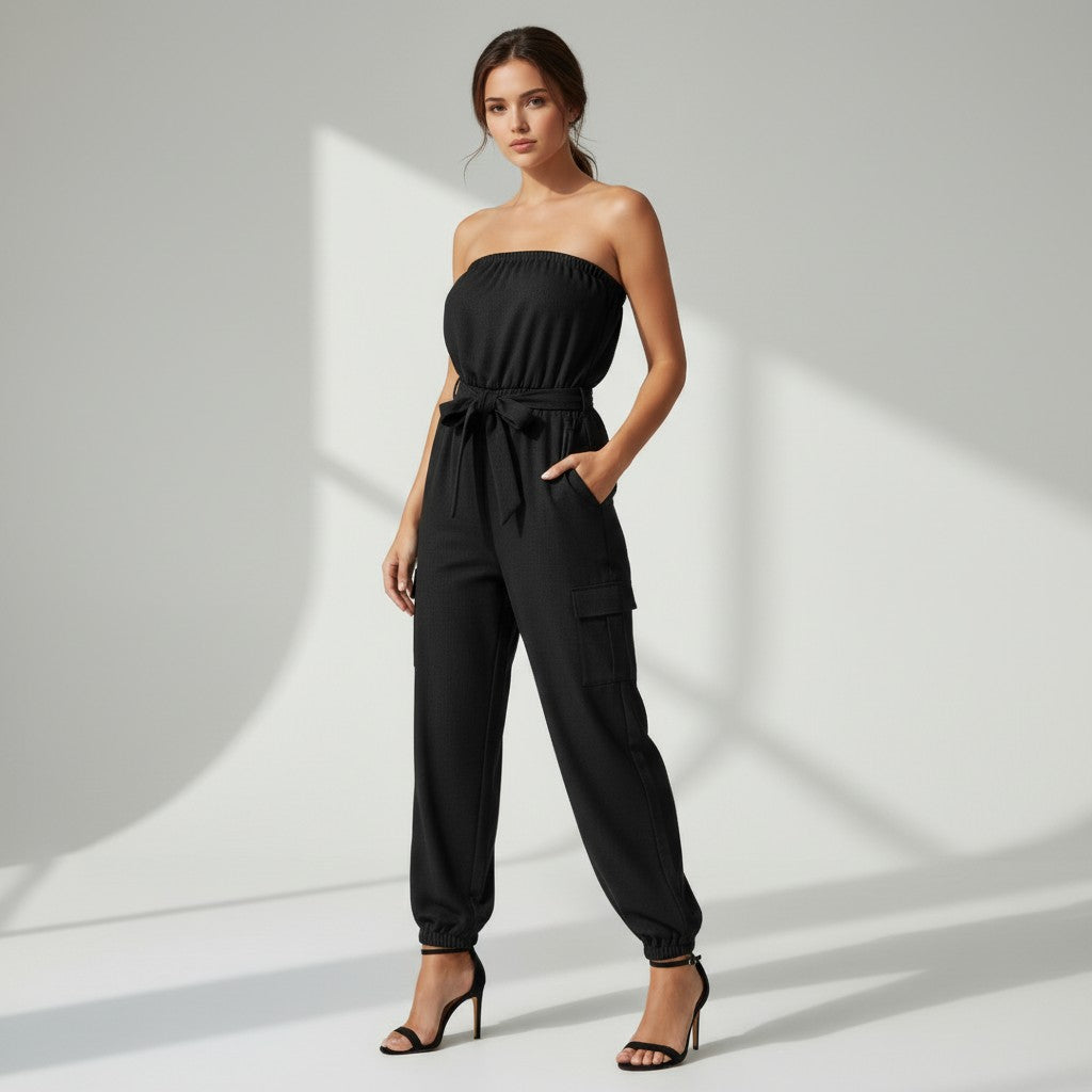 Strapless Denim-Style Utility Jumpsuit with Printed Casual Pants-Vyana Collective