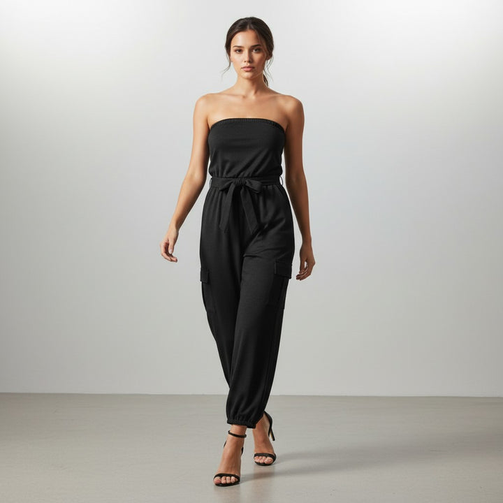 Strapless Denim-Style Utility Jumpsuit with Printed Casual Pants-Vyana Collective