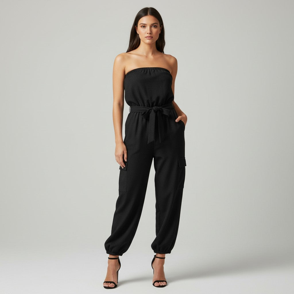 Strapless Denim-Style Utility Jumpsuit with Printed Casual Pants-Vyana Collective