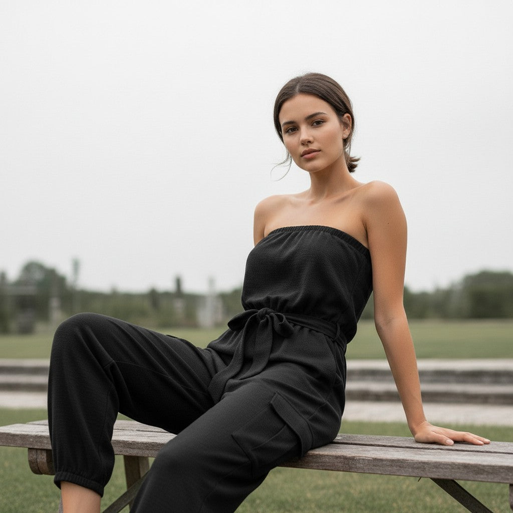 Strapless Denim-Style Utility Jumpsuit with Printed Casual Pants-Vyana Collective
