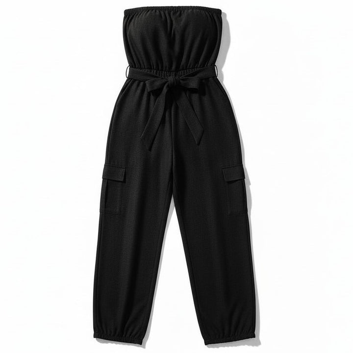 Strapless Denim-Style Utility Jumpsuit with Printed Casual Pants-Vyana Collective
