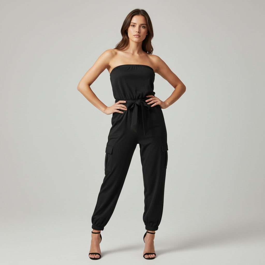 Strapless Denim-Style Utility Jumpsuit with Printed Casual Pants-Vyana Collective