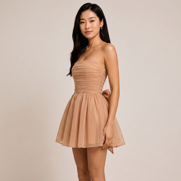 Strapless Glitter Mesh Mini Dress with Back Bow Detail for Friday Night Vibes and Party Glamour Women-Vyana Collective
