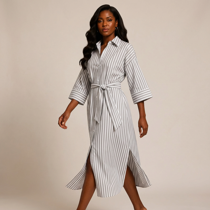 Striped Belted Shirt Midi Dress for Vacation Getaways and Effortless Summer Style Women-Vyana Collective