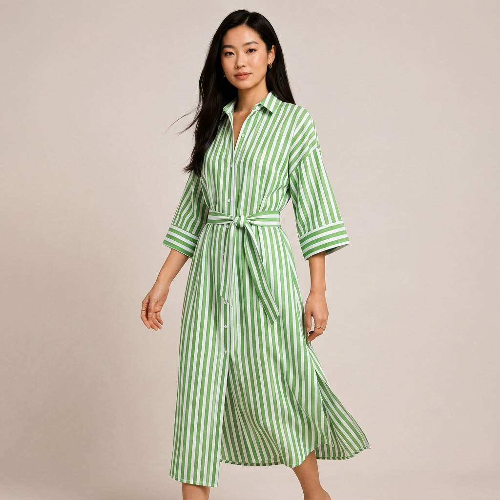 Striped Belted Shirt Midi Dress for Vacation Getaways and Effortless Summer Style Women-Vyana Collective