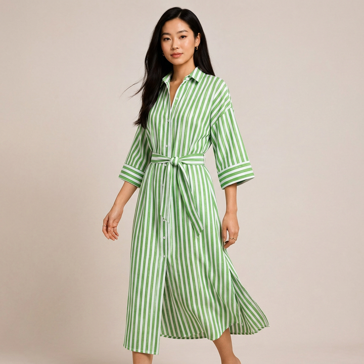 Striped Belted Shirt Midi Dress for Vacation Getaways and Effortless Summer Style Women-Vyana Collective