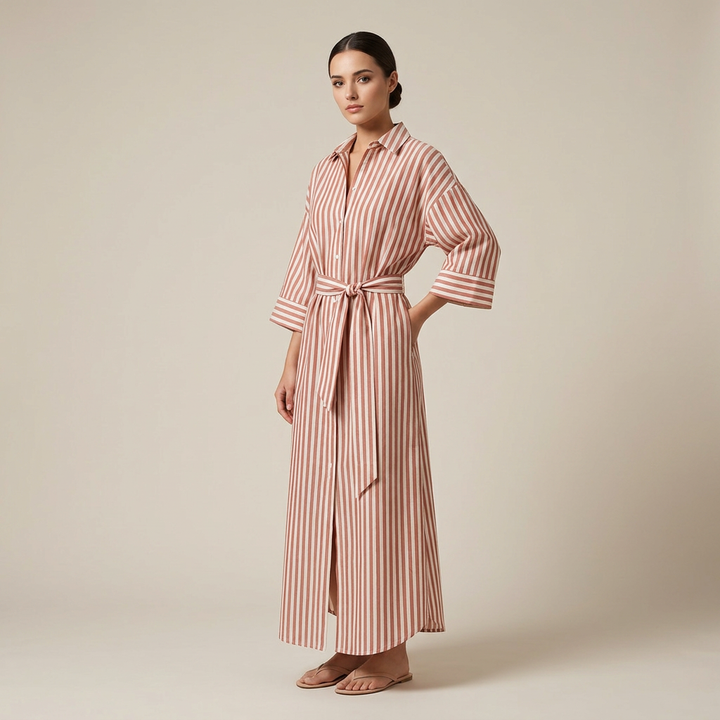 Striped Belted Shirt Midi Dress for Vacation Getaways and Effortless Summer Style Women-Vyana Collective