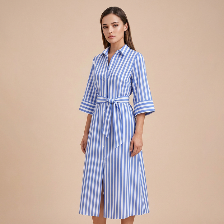Striped Belted Shirt Midi Dress for Vacation Getaways and Effortless Summer Style Women-Vyana Collective