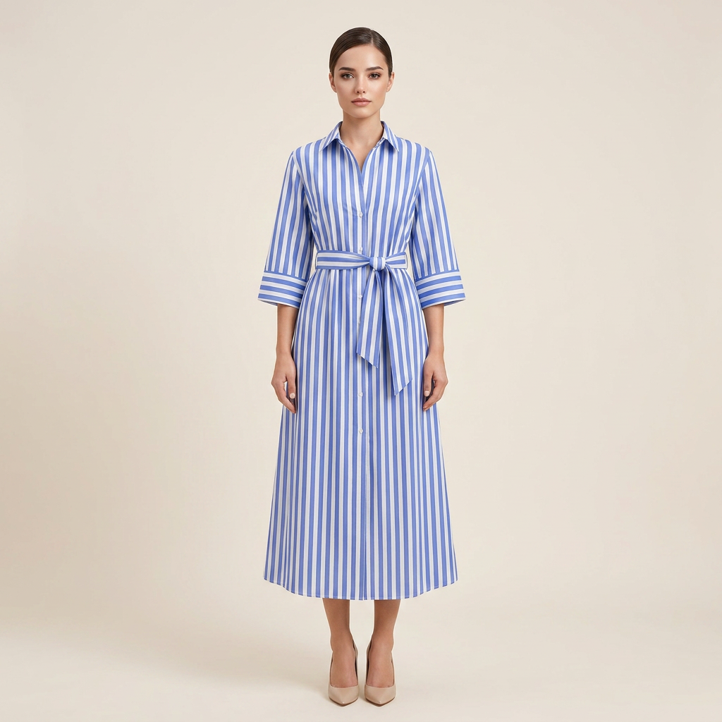 Striped Belted Shirt Midi Dress for Vacation Getaways and Effortless Summer Style Women-Vyana Collective