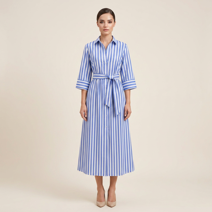 Striped Belted Shirt Midi Dress for Vacation Getaways and Effortless Summer Style Women-Vyana Collective