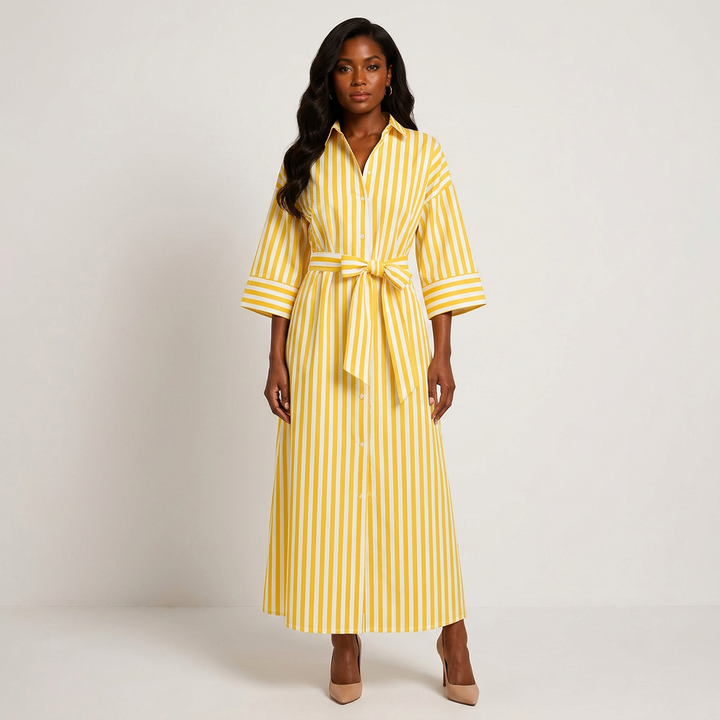 Striped Belted Shirt Midi Dress for Vacation Getaways and Effortless Summer Style Women-Vyana Collective