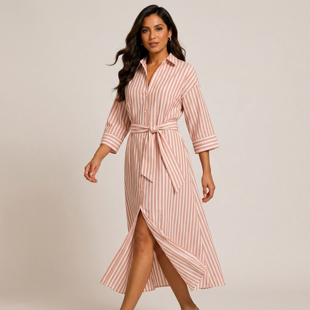 Striped Belted Shirt Midi Dress for Vacation Getaways and Effortless Summer Style Women-Vyana Collective